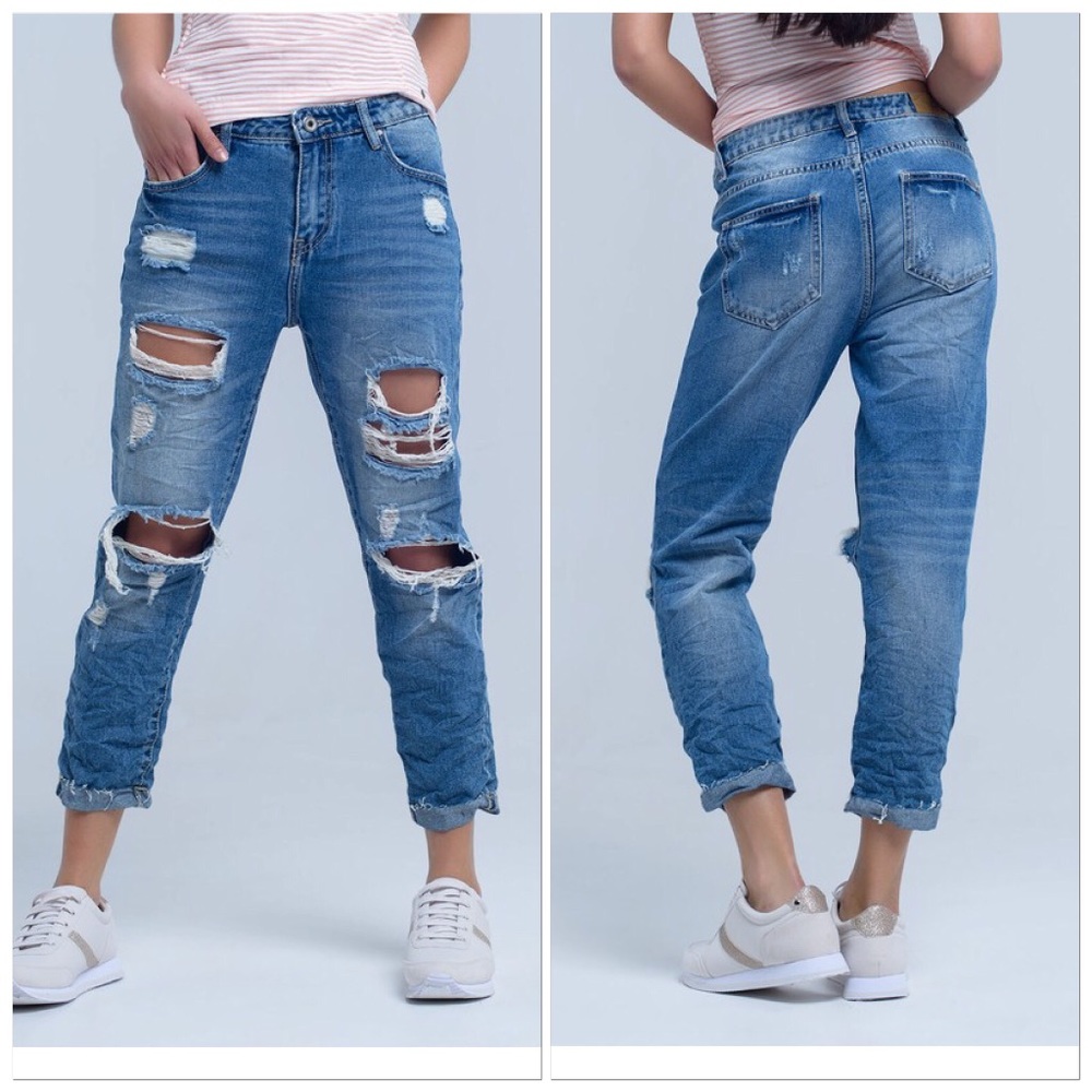 🆕Medium Blue Factory Distressed Ripped Busted Knee Straight Leg Boyfriend Jeans